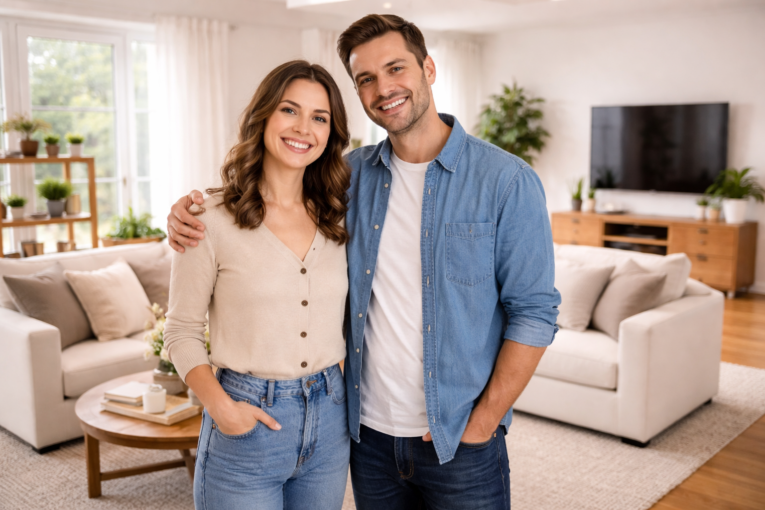 A happy couple standing in their newly arranged living room, looking satisfied with the spacious layout.