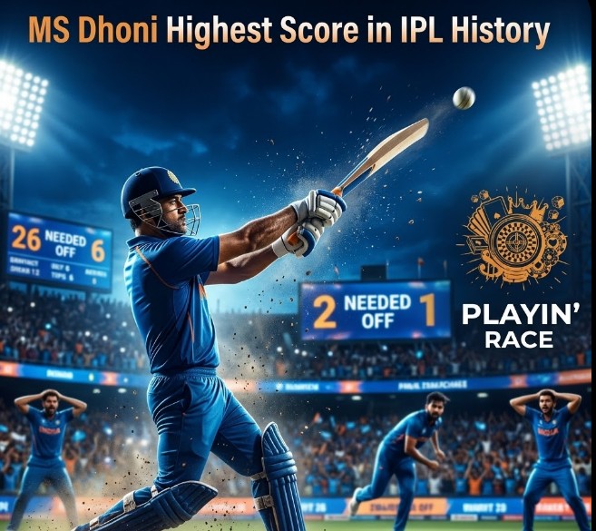 Dynamic visualization of MS Dhoni hitting a massive six at night, with scoreboards showing 26 needed off 6 and 2 needed off 1, featuring the playinrace casino-themed logo.