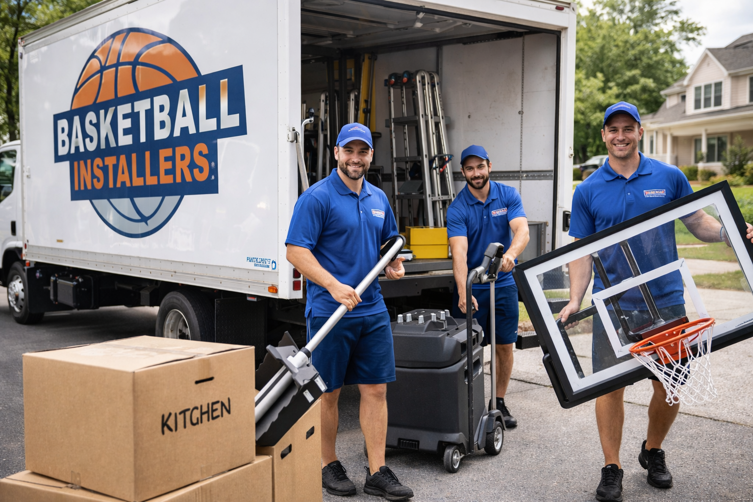 Basketballs Installers team providing gymnasium, wall-mount, and roof mount hoop installation services.