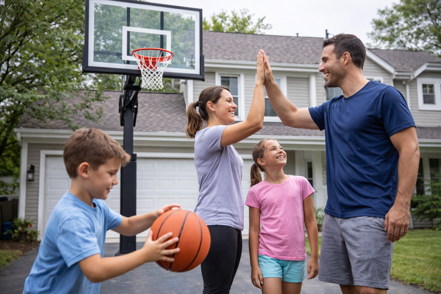 Family enjoying a new basketball court after professional installation.
