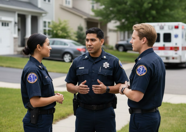 An EMT team discussing patient care in a suburban neighborhood