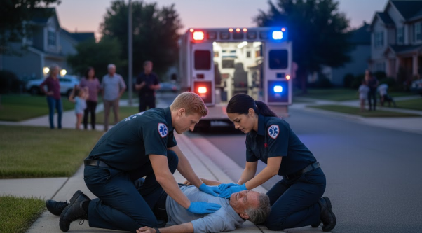 An EMT team treating a patient on the ground during a medical emergency