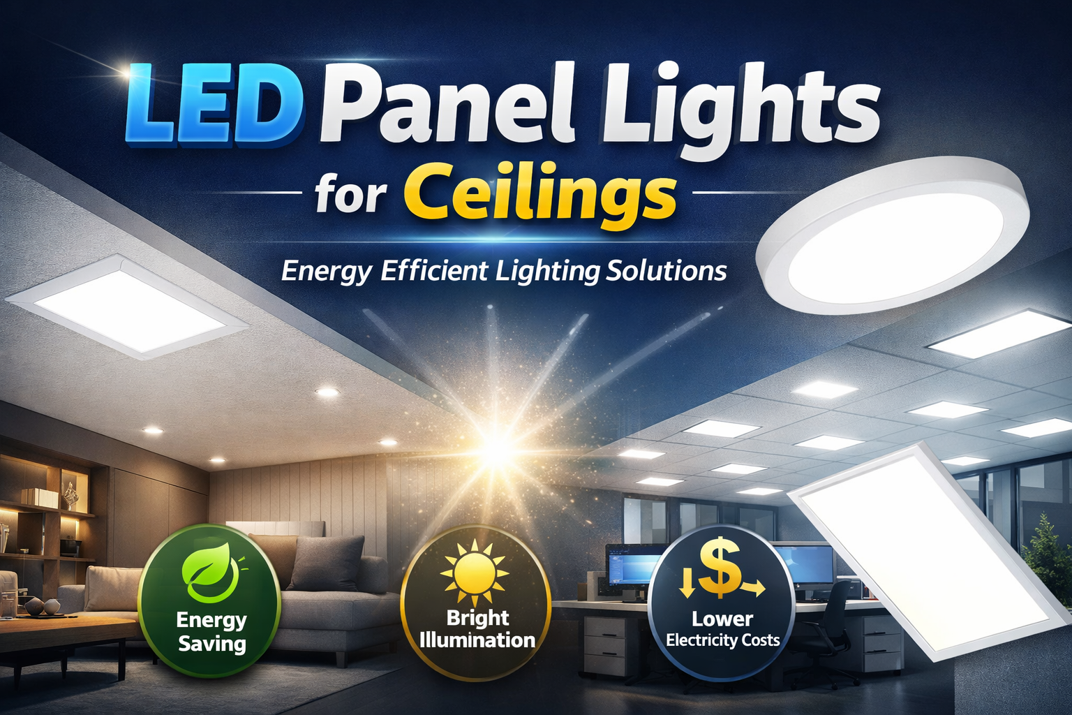 LED panel light solutions for modern ceilings, showcasing energy-efficient lighting options for homes and offices by Smart Life Lighting & Electrical.
