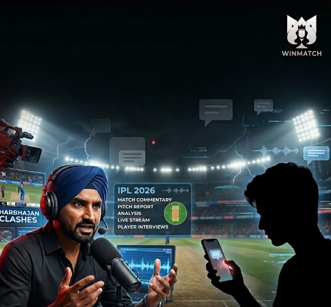 Harbhajan Singh speaking into a microphone with intense expression, facing a fan's silhouette holding a phone. The winmatch logo is visible in the corner.