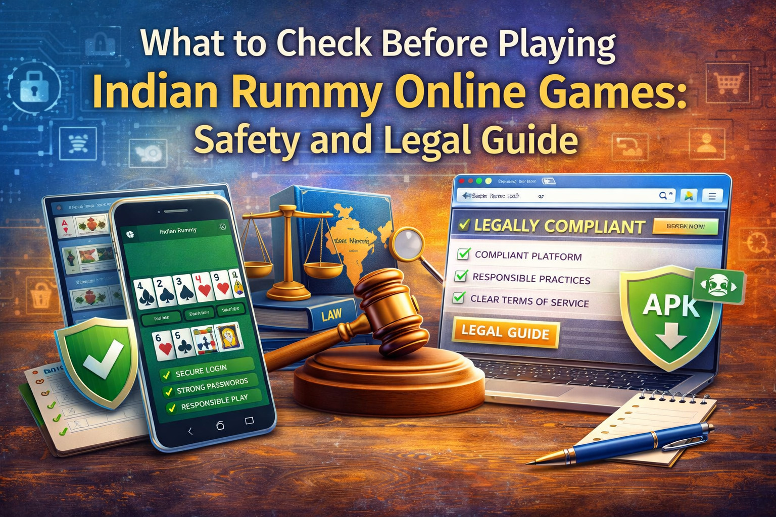 Colorful infographic showing Indian rummy online games safety and legal guide, featuring a smartphone with rummy cards, laptop with compliance checklist, APK download icon, and legal symbols like a gavel and balance scale on a blue-orange gradient background.