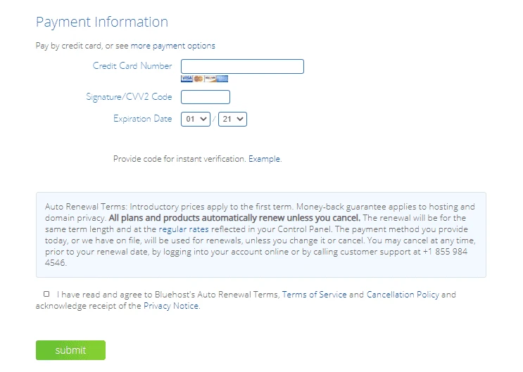 billing information for bluehost