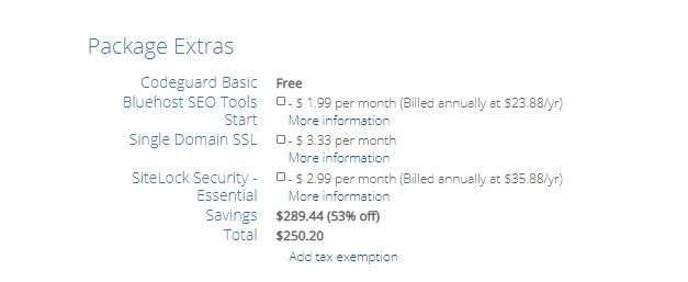 selecting package extras