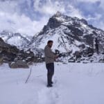 A tourist enjoying snow at Laka Glacier Trek-6f047441