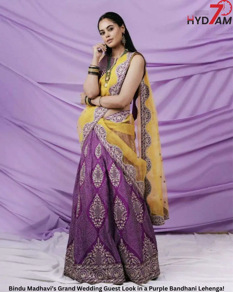 Bindu Madhavi’s Grand Wedding Guest Look in a Purple Bandhani Lehenga!-73bd793b