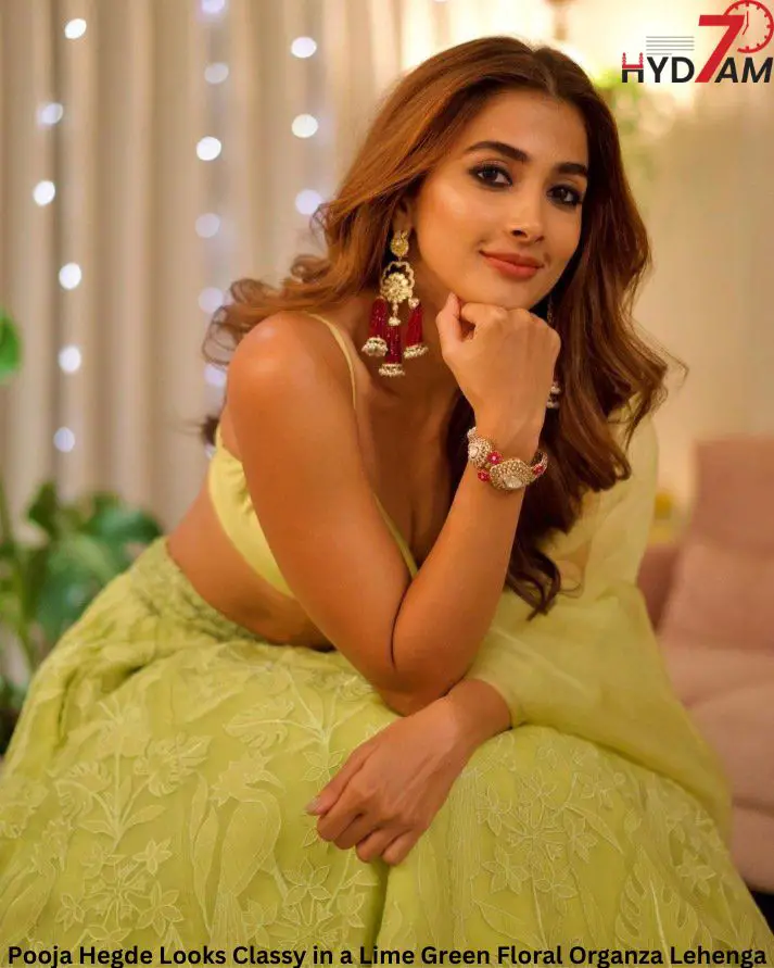 Pooja Hegde Looks Classy in a Lime Green Floral Organza Lehenga-1e39d897