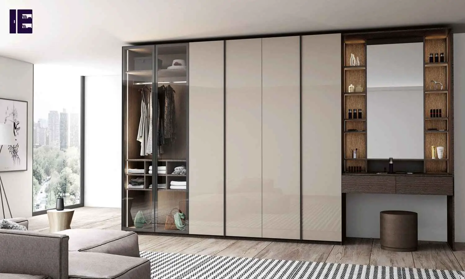 Fitted Hinged Glass and Wooden Wardrobe in Stone Grey and Black Brown Sorano Oak Finish_11zon-baf5dbad