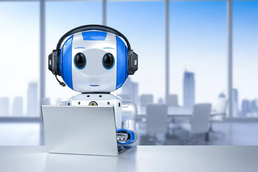 automation-customer-service-concept-with-3d-rendering-cute-robot-working-with-headset-notebook_493806-8258