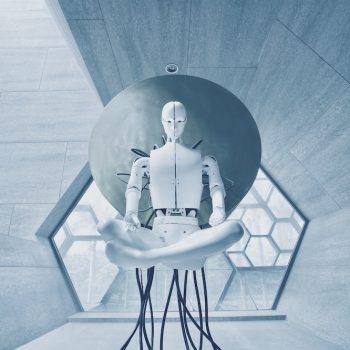 A robot sitting in an empty room