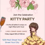 Attractive Kitty Party invitation Portrait Template Stylish Soft Peach Background and Bursting Blooms of Pink Flowers, a champagne glass drink
