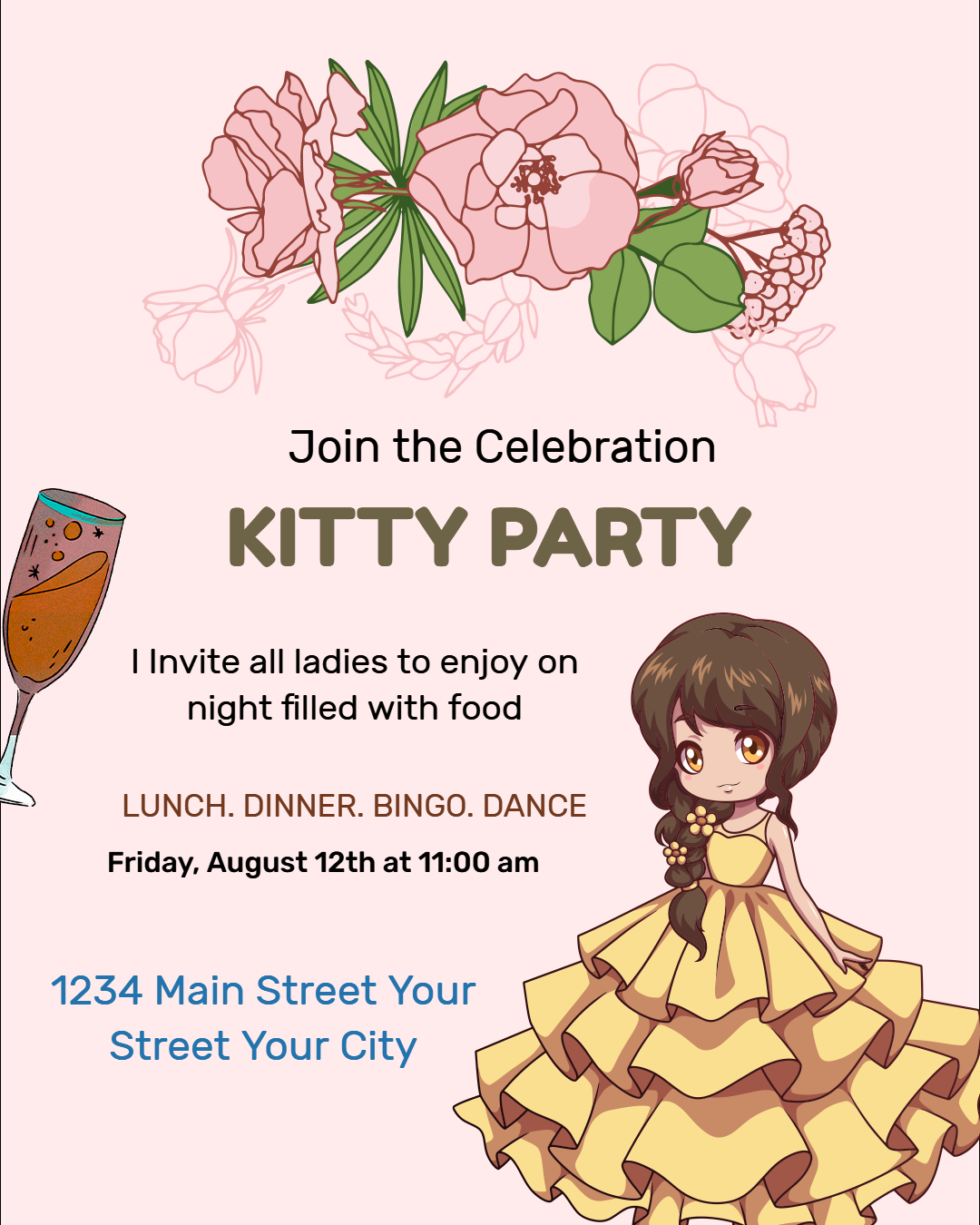 Attractive Kitty Party invitation Portrait Template Stylish Soft Peach Background and Bursting Blooms of Pink Flowers, a champagne glass drink