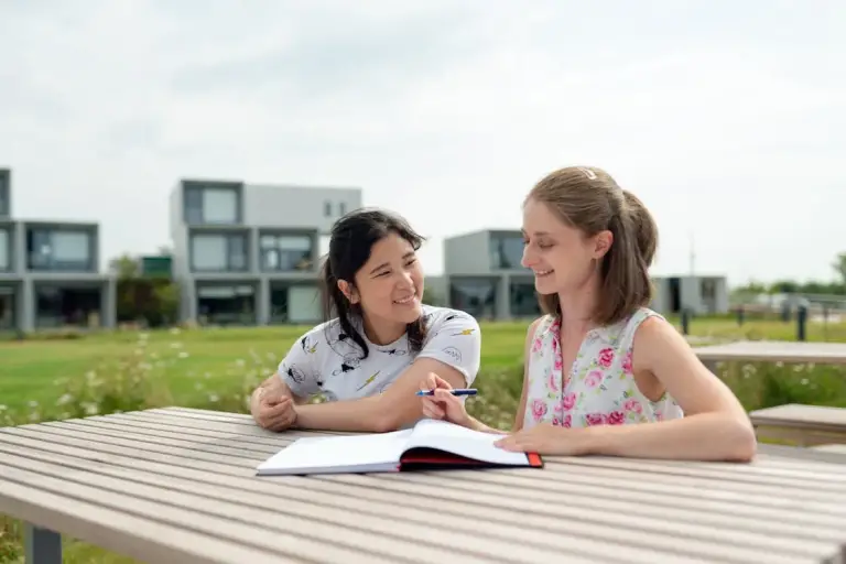 An academic tutor tutoring a child outdoors