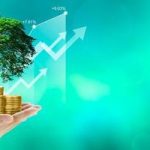 hand-holding-growing-tree-on-coins-with-stock-graph-over-green-background-photo