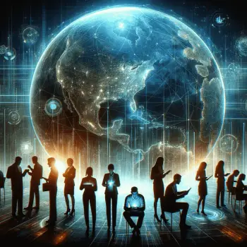silhouette of professionals working in front of the digital globe, symbolizing the collaborative efforts in global digital transformation_-min