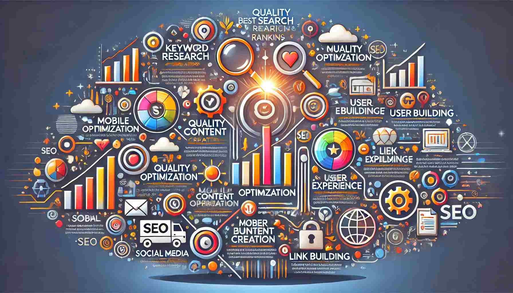 DALL·E 2024-06-26 17.47.09 - A dynamic and colorful infographic showcasing the latest trends and best practices for organic search rankings. The image should include icons and vis