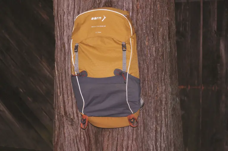 A backpack hanging on a tree