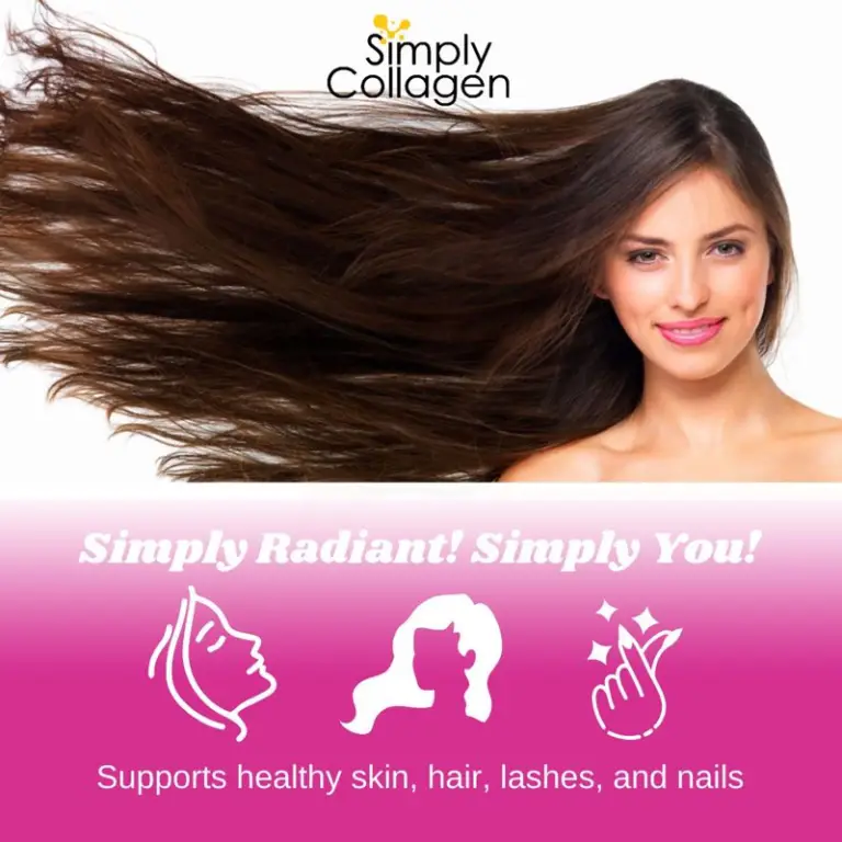 A woman smiles with her long hair going off to the side, and a lower part of the poster reads: Simply Radiant! Simply You! Supports healthy skin, hair, lashes, and nails